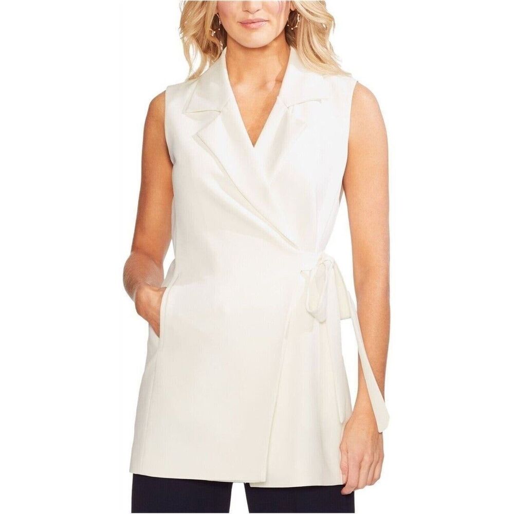 Vince Camuto, Sleeveless Wrap Top Blouse Notched Lapel, 248 Tunic - Ivory, Large